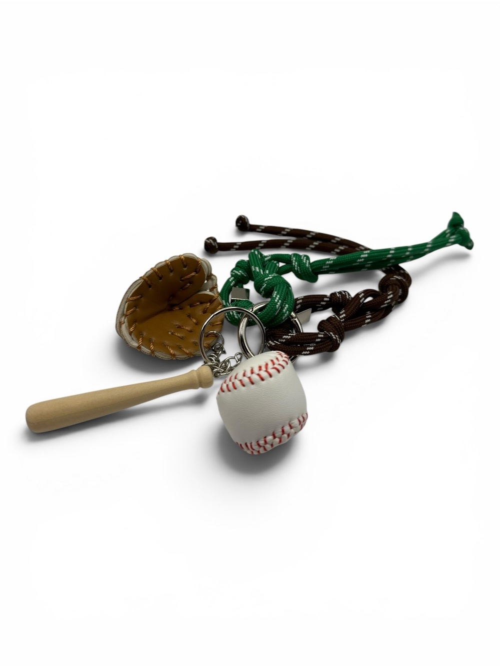 Baseball Glove, Bat & Ball Keychain with Green and Brown Cords - Picture 2 of 2